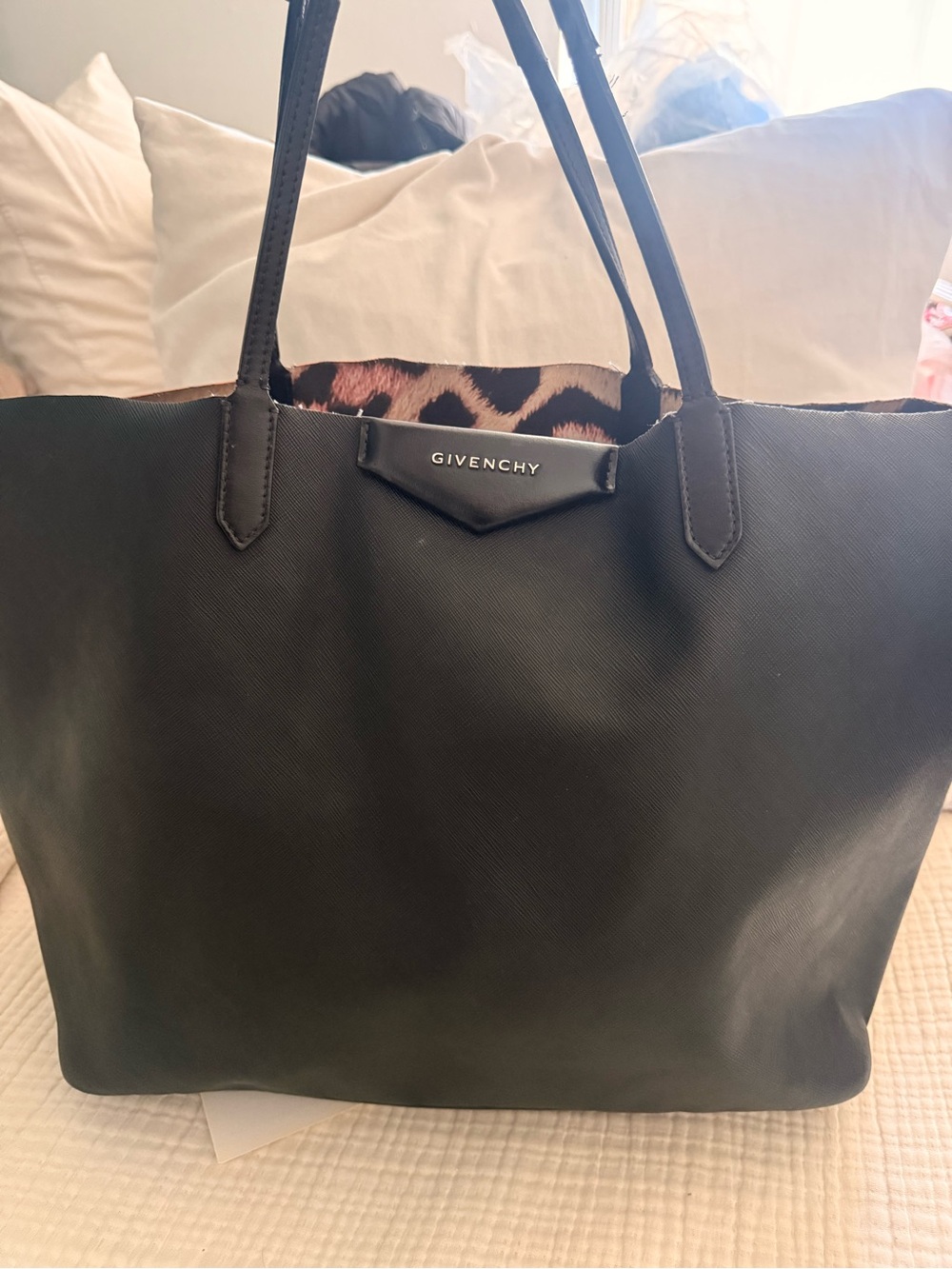 Givenchy Black Leather Tote with Leopard-Print Lining